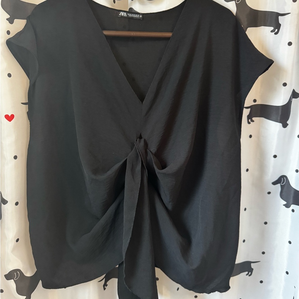 Zara Black V-Neck Tie-Front Blouse